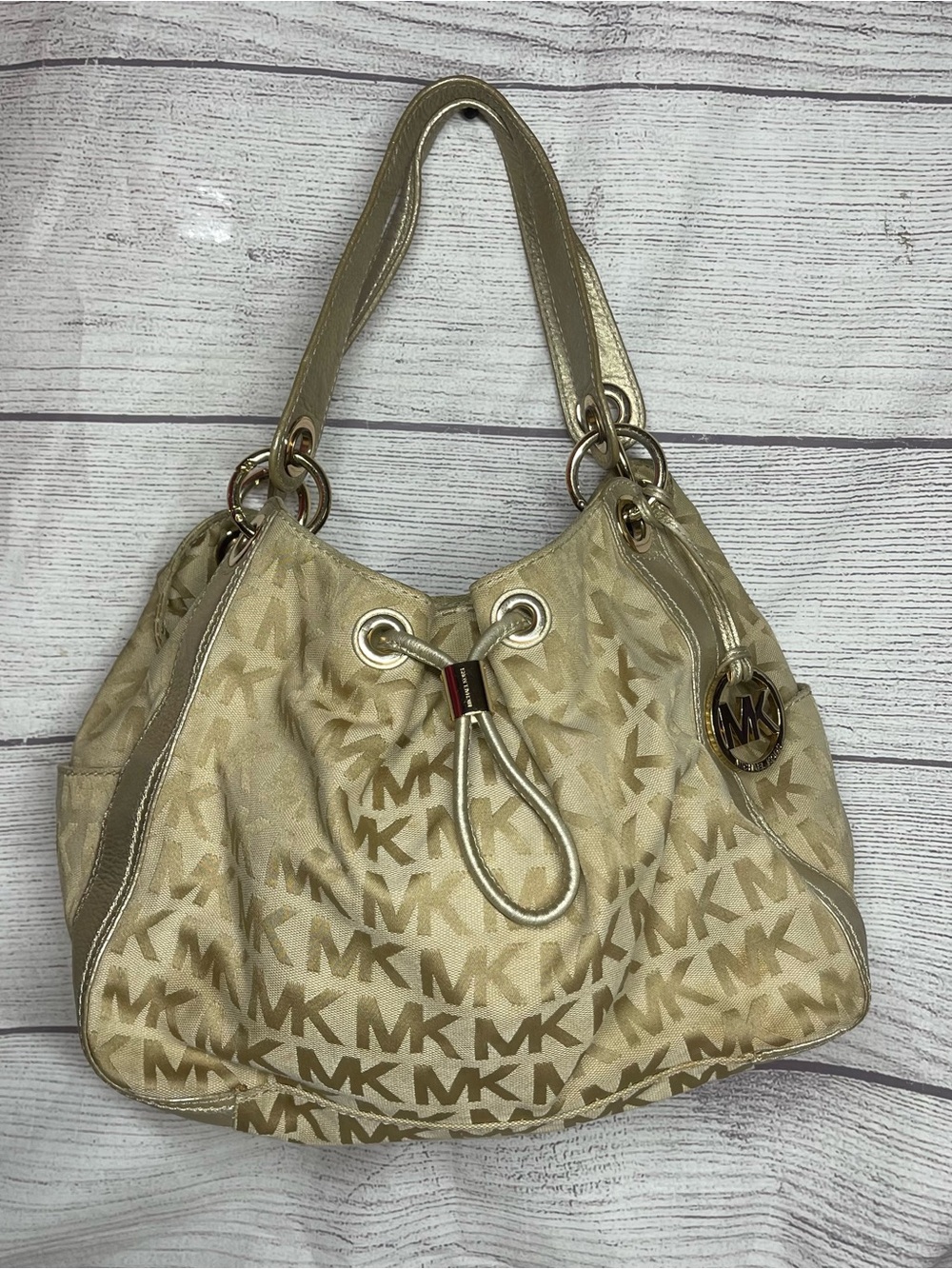 Michael Kors Gold MK Logo Canvas Hobo Drawstring Closure Shoulder Bag